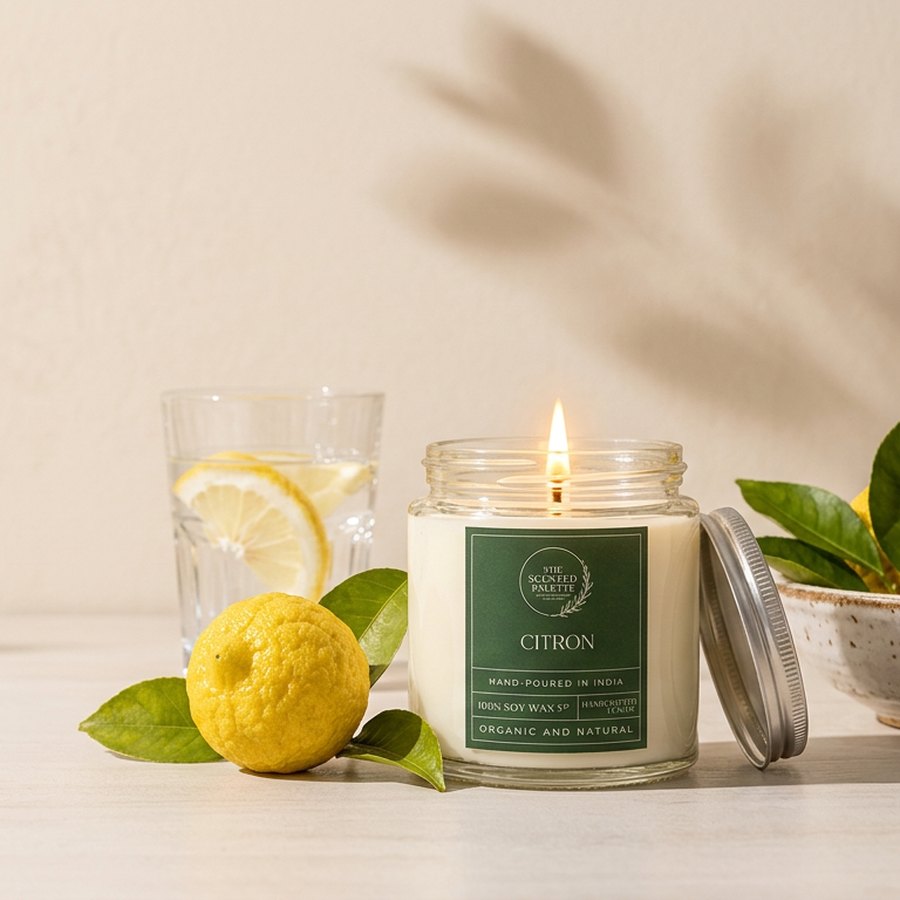 A lit Citron candle with fresh lemons and a glass of lemon water in soft sunlight
