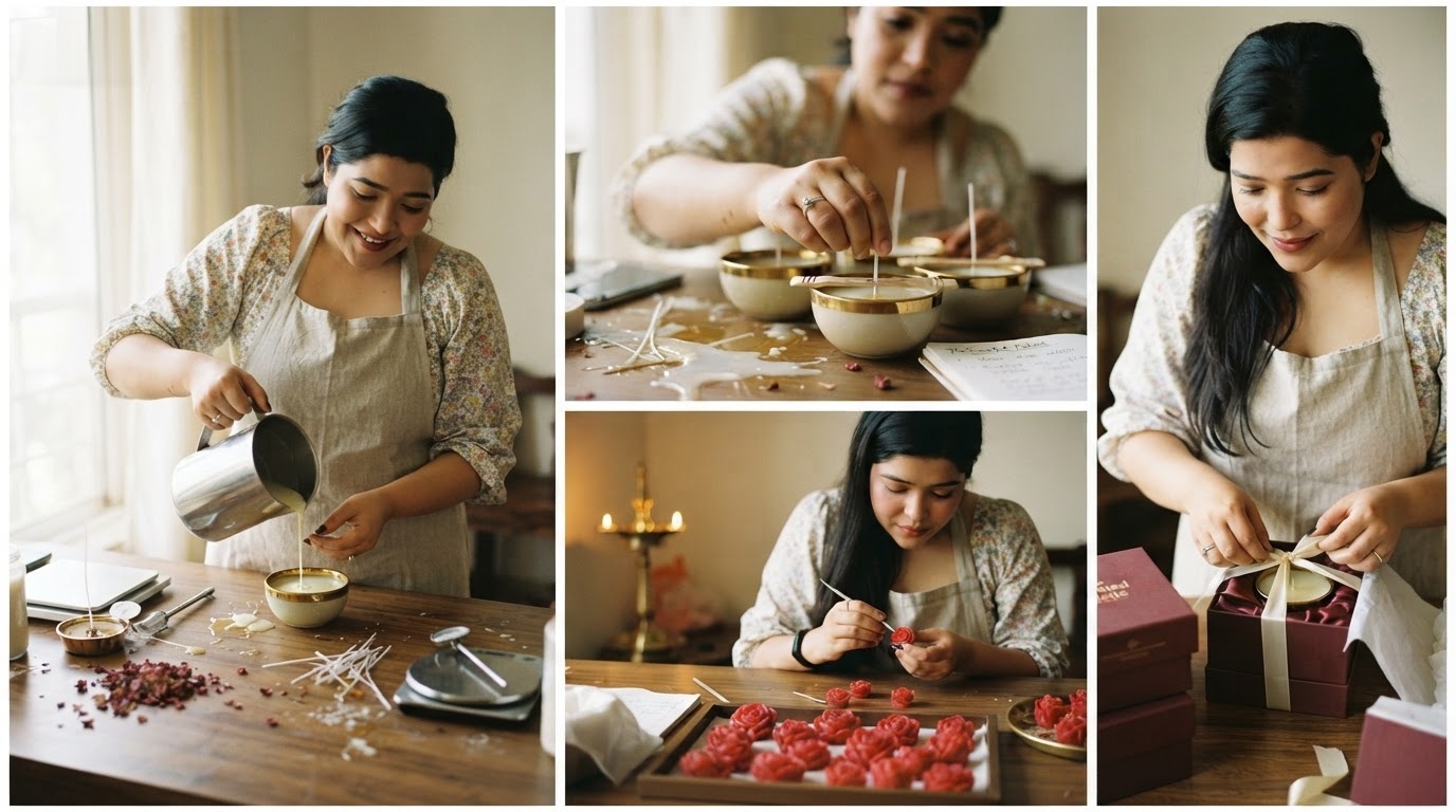 The founder pouring candles, setting wicks, shaping wax roses and wrapping a gift box