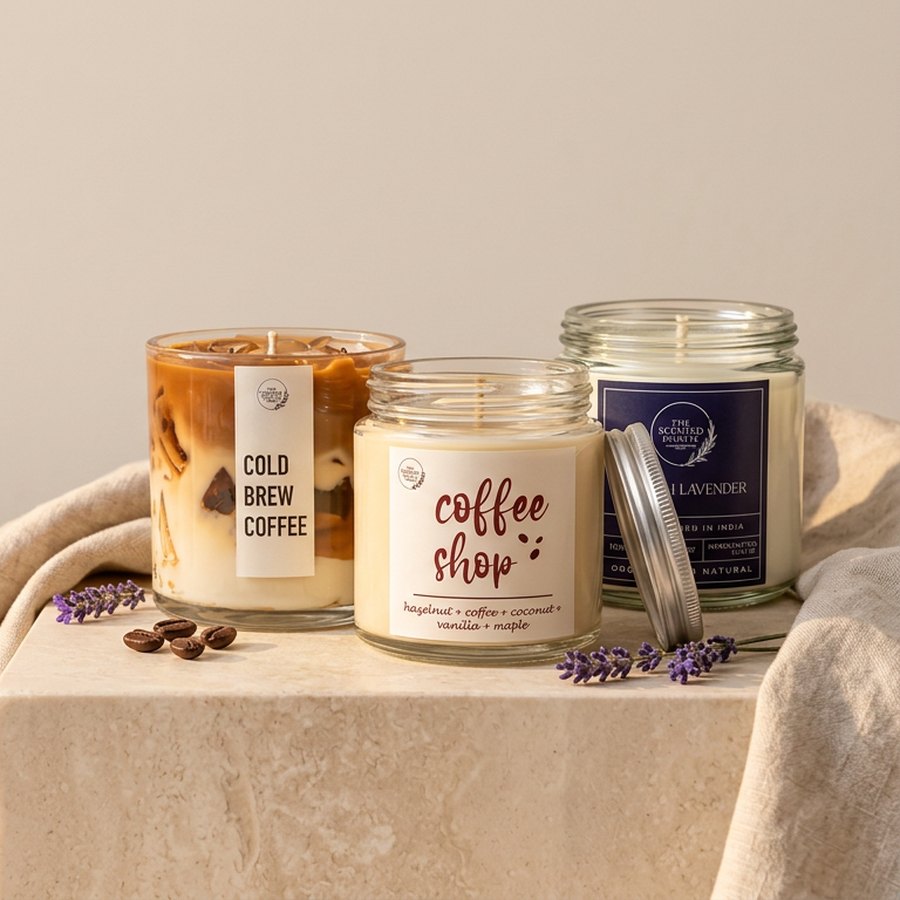 Cold Brew Coffee, Coffee Shop and English Lavender candles on a stone block with linen